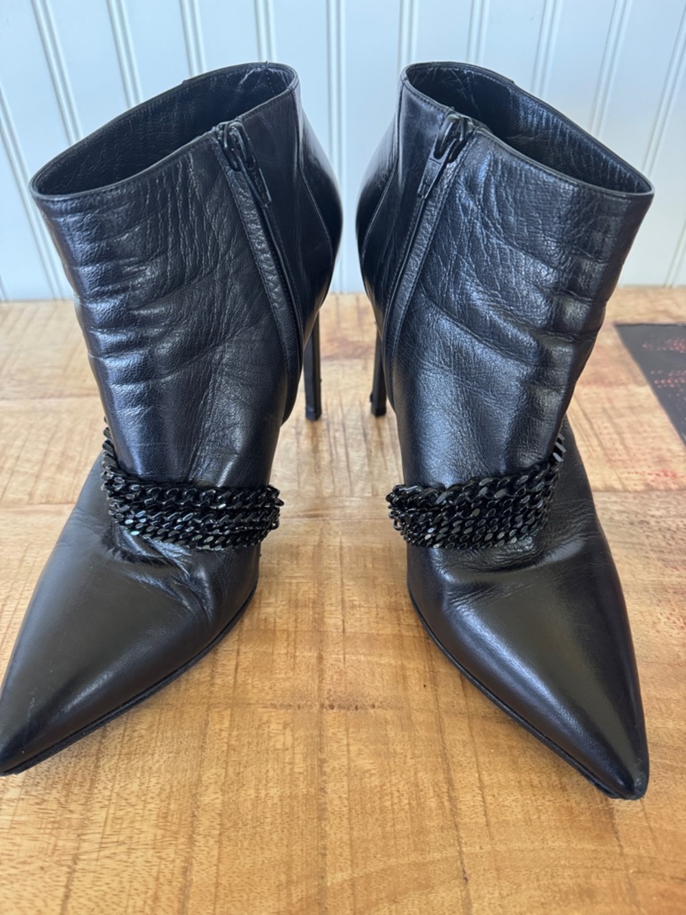 Saint Laurent Black Leather Pointed-Ankle Chain Booties